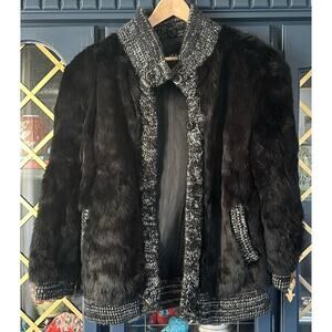 Niki vintage rabbit fur coat with sweater trim black shoulder pads medium 80s 90